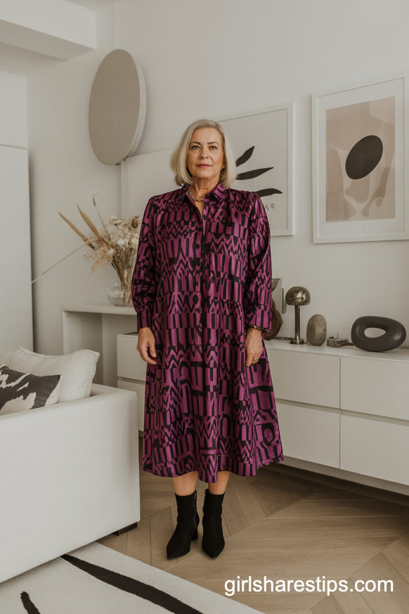 Bold Geometric Dress With Sleek Black Boots In A Modern Space