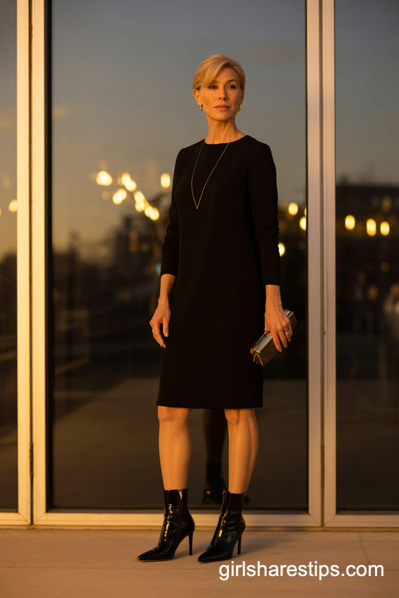Little Black Dress With High-Heel Ankle Boots For Evening