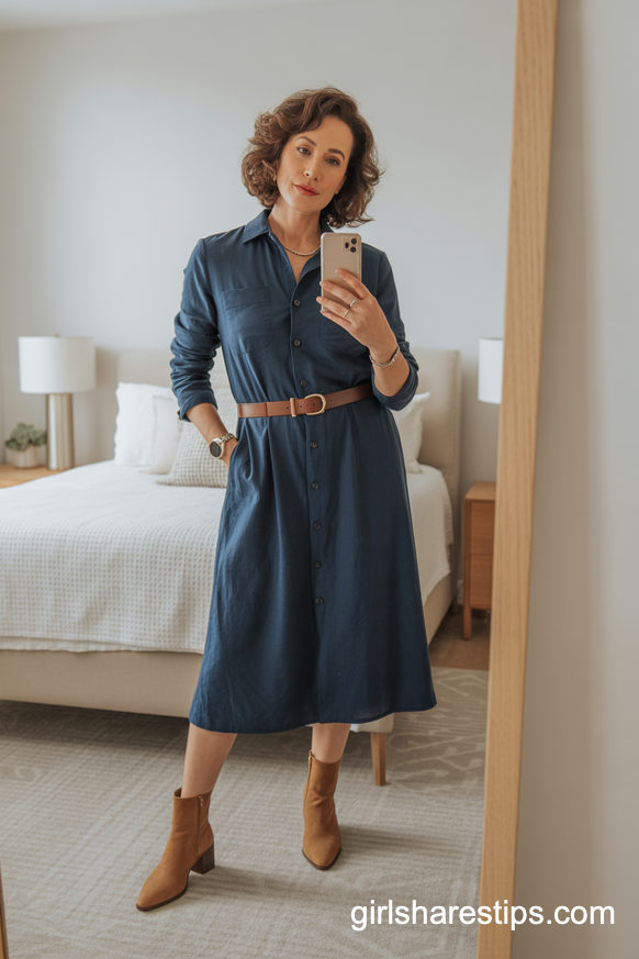 Navy Midi Shirt Dress With Tan Ankle Boots And Slim Belt