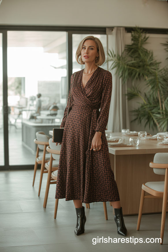 Patterned Wrap Dress With Pointed-Toe Ankle Boots At Home