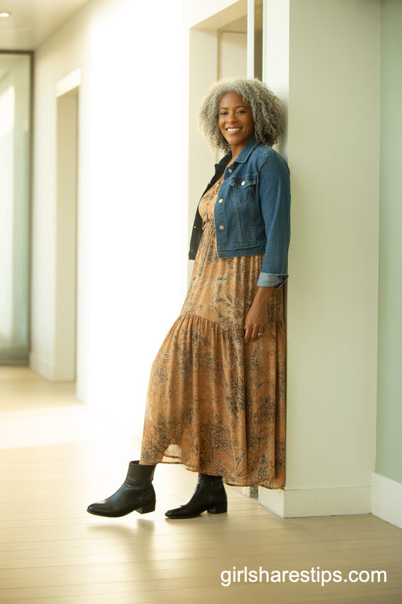 Boho Maxi Dress With Cropped Denim Jacket And Black Boots