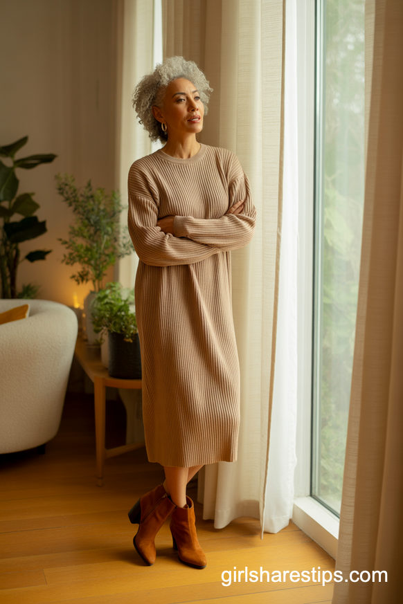 Soft Beige Sweater Dress With Brown Suede Ankle Boots