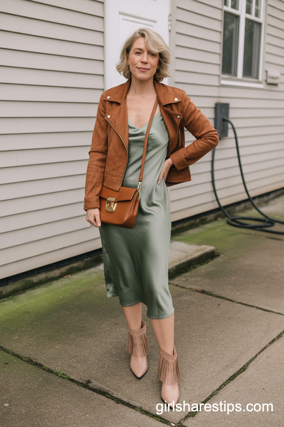 Satin Slip Dress And Suede Moto Jacket With Nude Fringe Boots