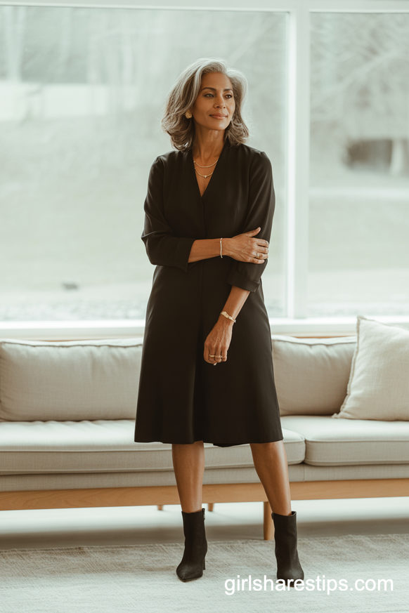 Black Midi Dress With Sleek Black Ankle Boots At Home