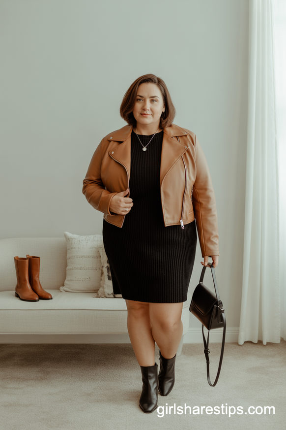 Black Sweater Dress And Tan Moto Jacket With Sleek Black Booties