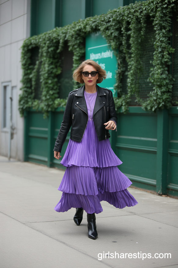 Purple Pleated Maxi Dress With Black Leather Jacket And Boots