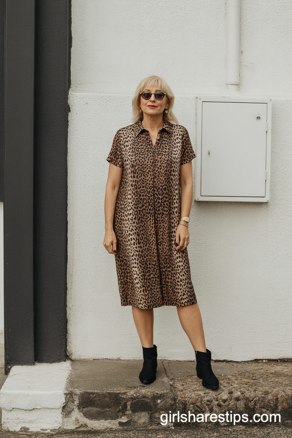 Leopard Print Midi Dress With Simple Black Ankle Boots