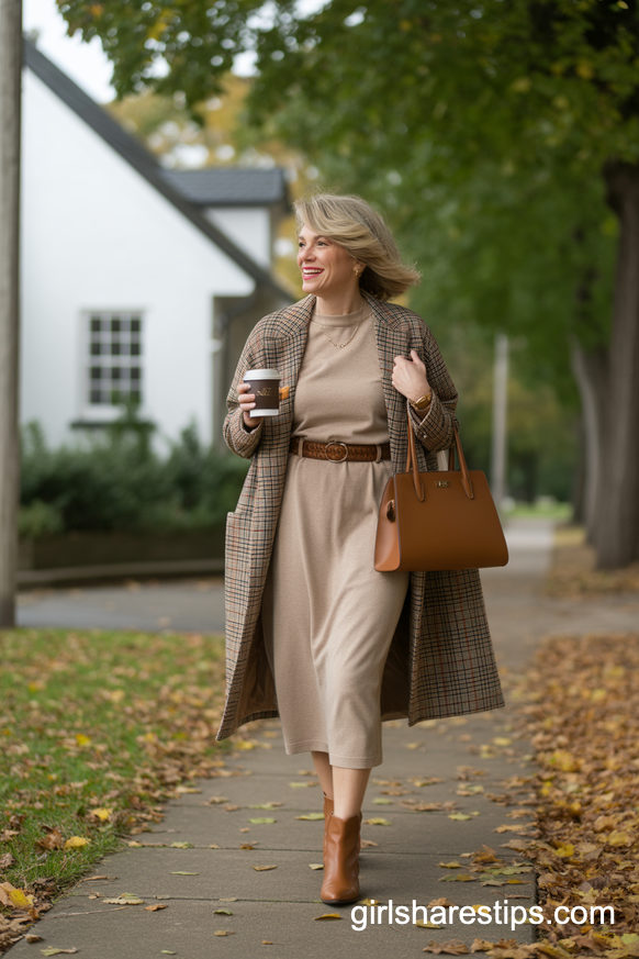 Autumn Sweater Dress And Plaid Coat With Brown Leather Booties