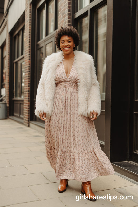 Romantic Floral Maxi Dress With Luxe White Coat And Brown Boots