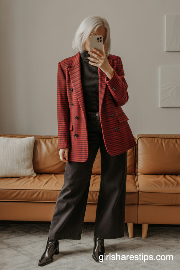 Red Check Blazer, Black Jeans And Sleek Ankle Boots