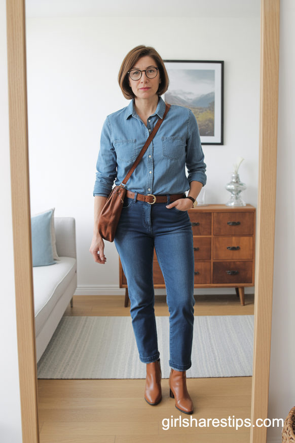 Chambray Button-Up, Dark Jeans And Brown Leather Boots