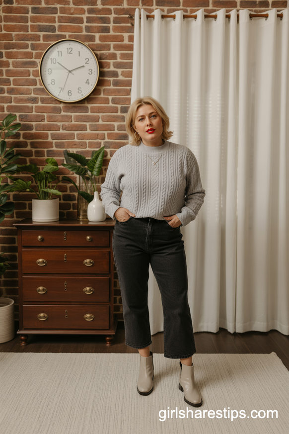 Gray Cable Sweater, Cropped Wide Jeans And Neutral Boots