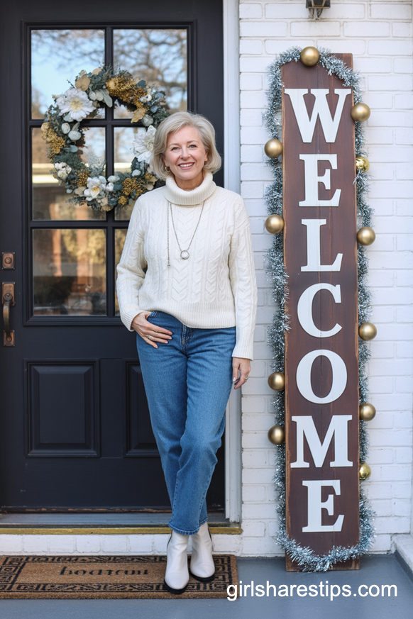 Cream Turtleneck, Blue Straight Jeans And Crisp White Boots
