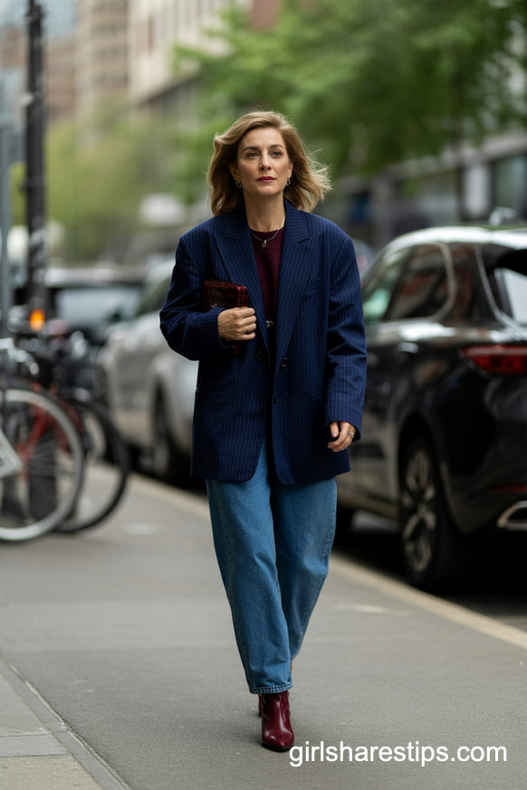 Pinstriped Navy Blazer, Relaxed Jeans And Burgundy Boots