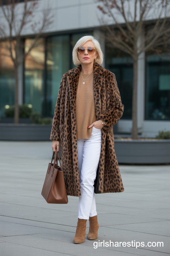 Leopard Faux Fur Coat, White Jeans And Brown Suede Boots