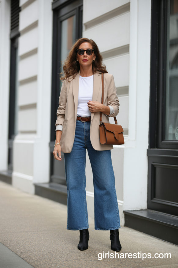 Beige Blazer, Wide-Leg Blue Jeans And Black Ankle Boots