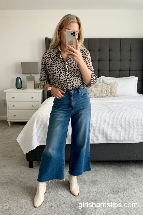 Leopard Print Shirt, Cropped Wide Jeans And White Boots