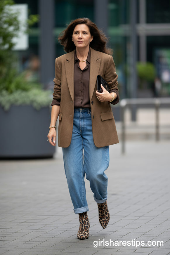 Brown Blazer, Rolled Jeans And Leopard Ankle Boots