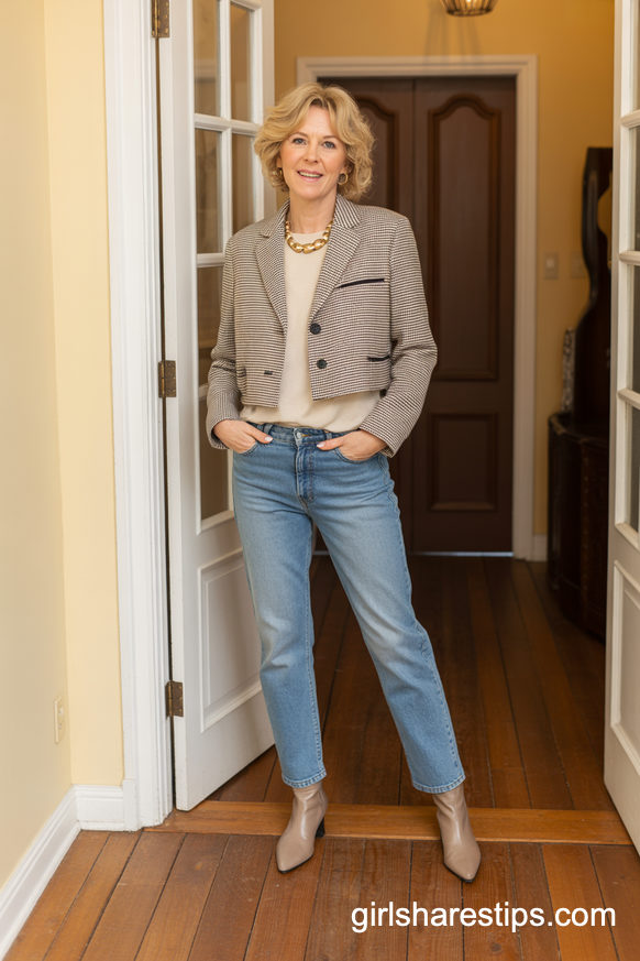 Cropped Check Blazer, Straight Jeans And Taupe Pointed Boots