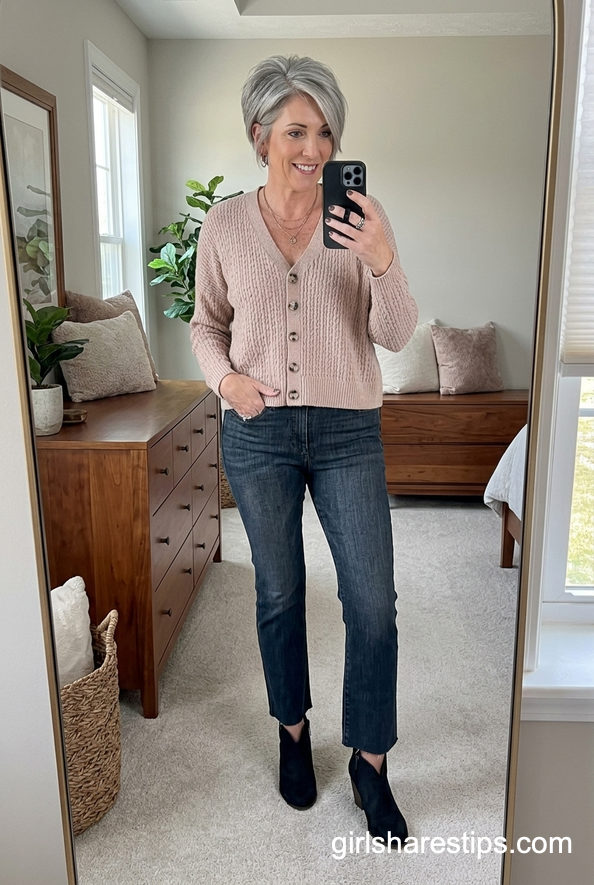 Classic Cardigan, Dark Jeans And Black Ankle Boots