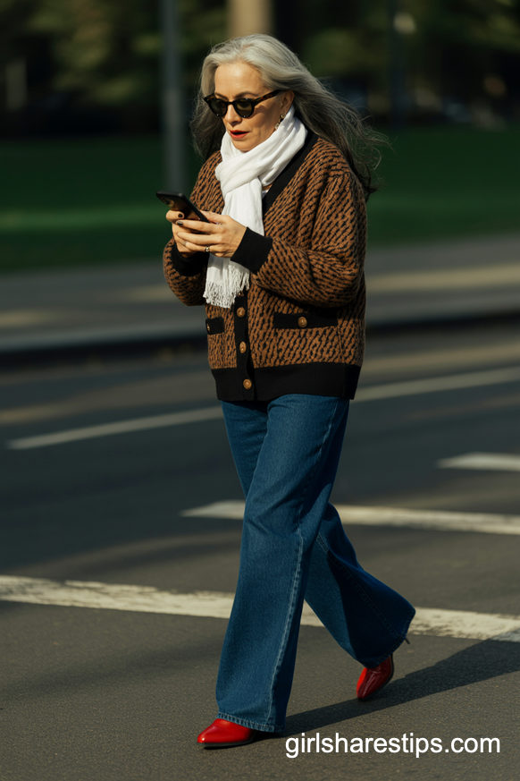 Patterned Cardigan With Wide-Leg Denim And Bold Red Boots