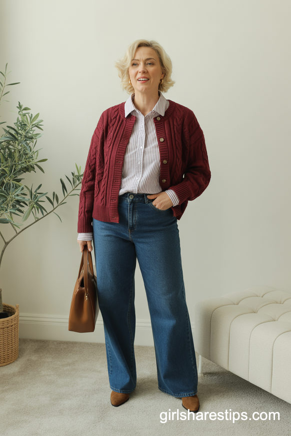 Burgundy Cable Cardigan, Wide-Leg Jeans And Brown Boots