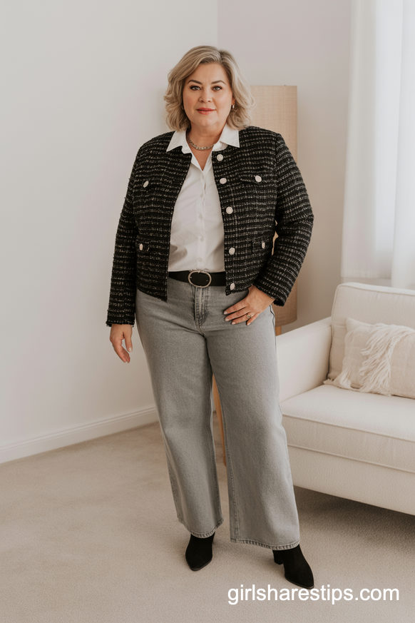 Short Black Tweed Jacket With Gray Wide-Leg Jeans And Boots
