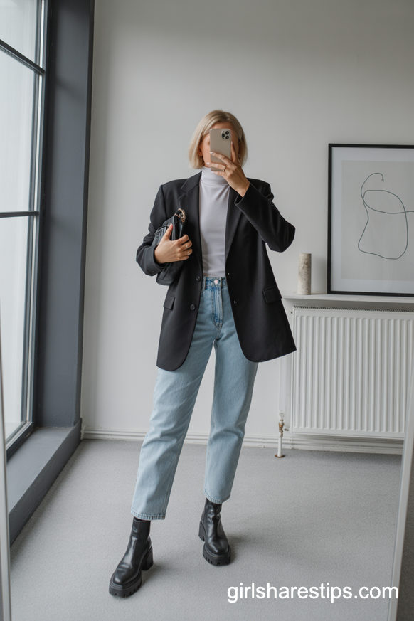 Oversized Black Blazer, Straight Jeans And Platform Boots
