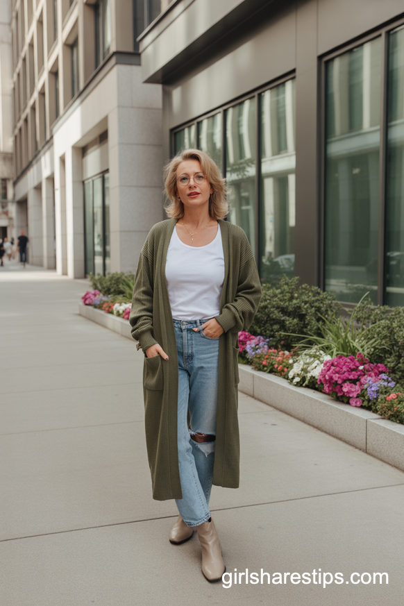 Olive Green Long Cardigan With Distressed Jeans And Beige Boots