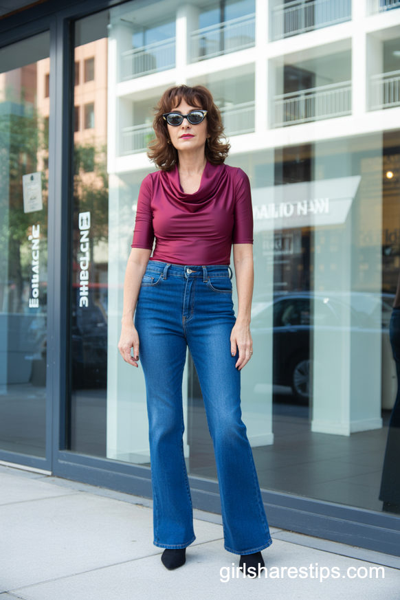 Burgundy Cowl Neck Top, Flared Jeans And Black Pointed Boots