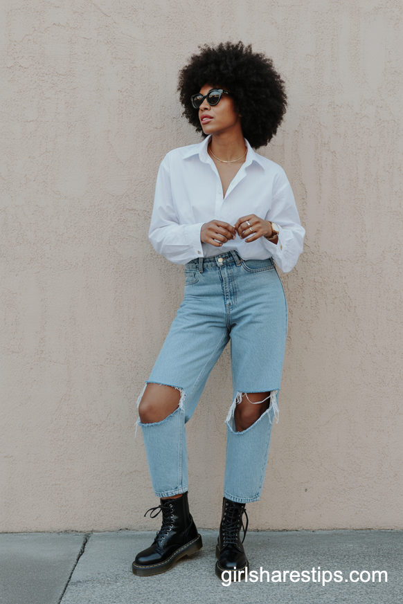 Crisp White Shirt And Distressed Denim With Docs