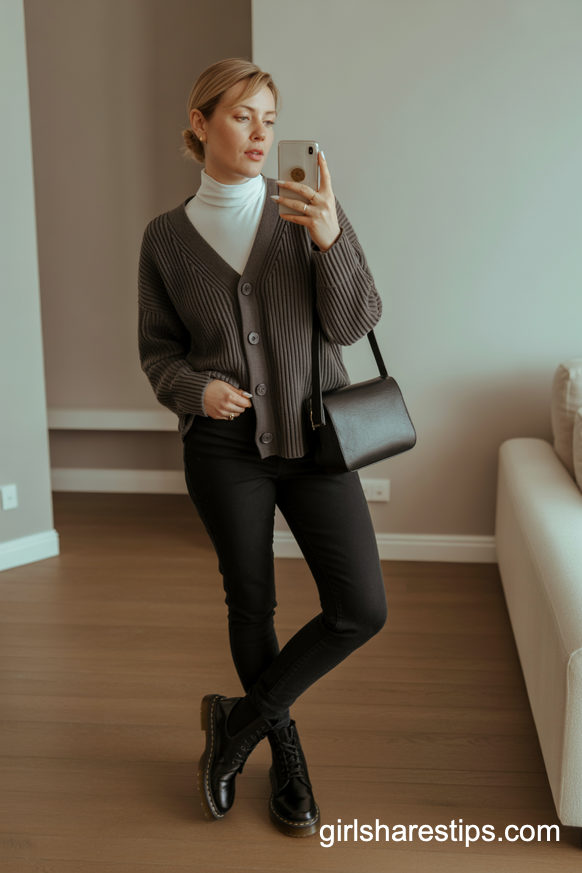 Layered Cardigan And Turtleneck With Sleek Black Boots