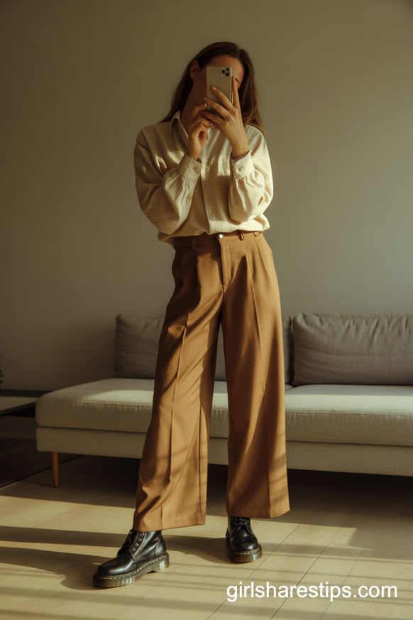 Cream Blouse And Wide-Leg Trousers With Classic Docs