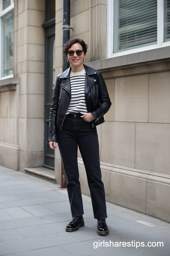 Striped Sweater And Leather Jacket With Black Boots