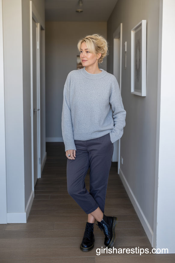 Soft Gray Sweater And Cropped Pants At Home
