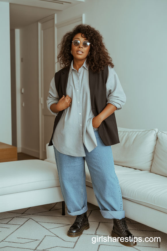 Oversized Shirt, Vest, And Relaxed Jeans With Boots