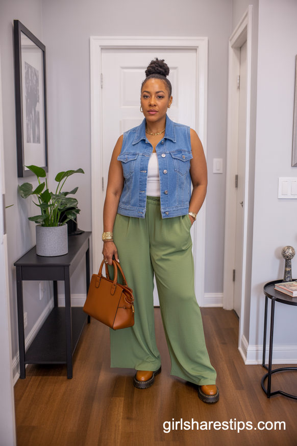 Denim Vest And Wide-Leg Pants With Brown Dr. Martens