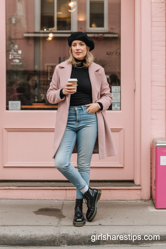 Pink Coat, Skinny Jeans, And Boots For City Strolls