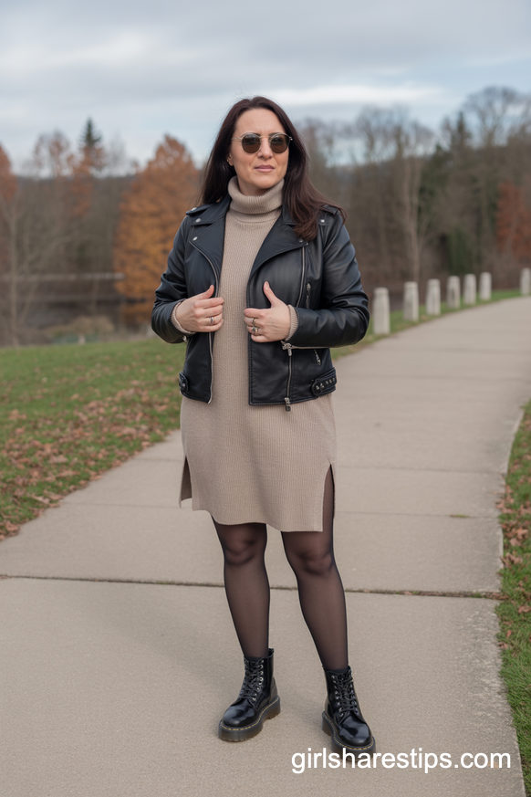 Leather Jacket And Sweater Dress For Cozy Edge
