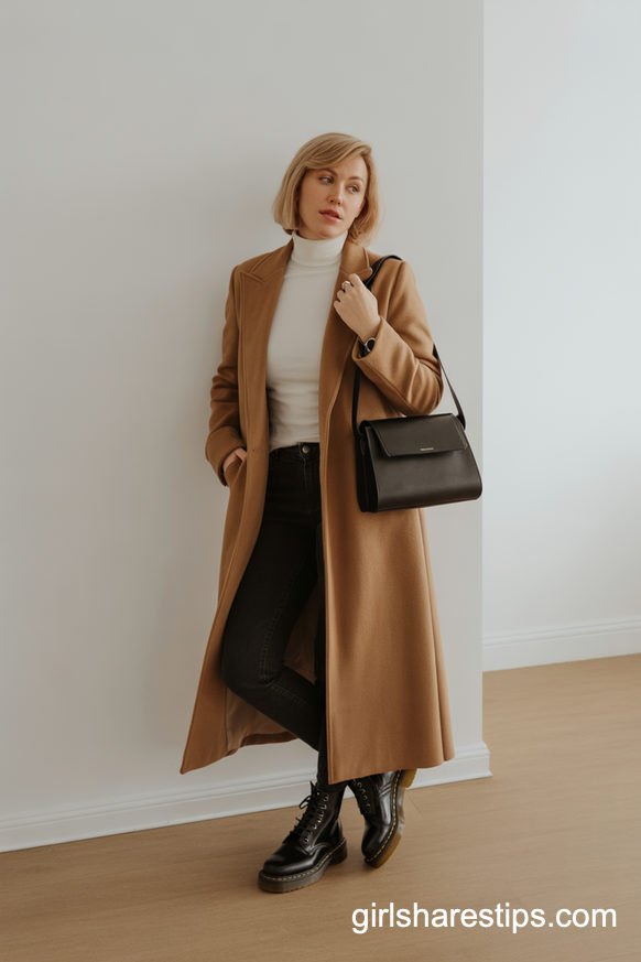 Camel Coat, Turtleneck, And Slim Pants With Boots