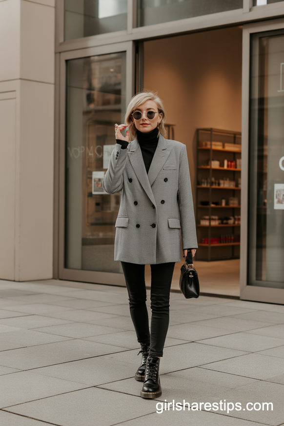 Gray Herringbone Blazer And All-Black Base With Docs