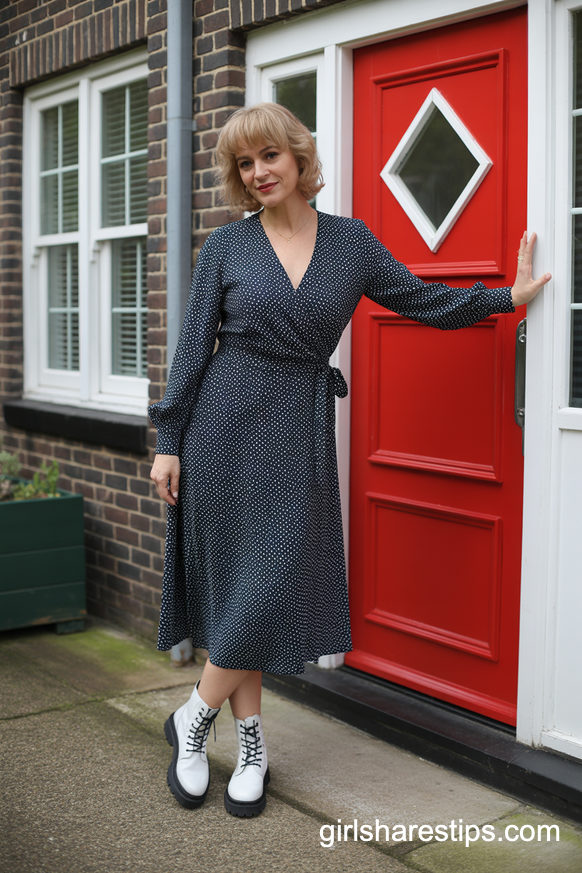 Navy Wrap Dress And White Boots For Everyday Polish