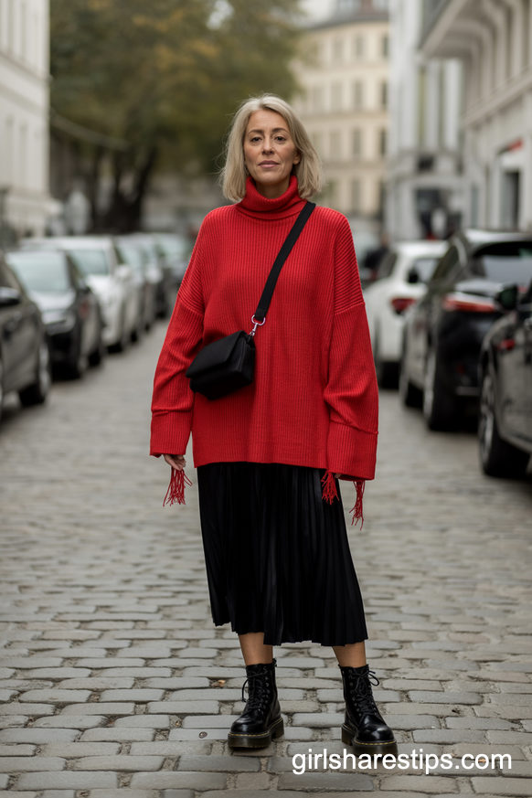 Bold Red Sweater And Pleated Skirt With Classic Boots
