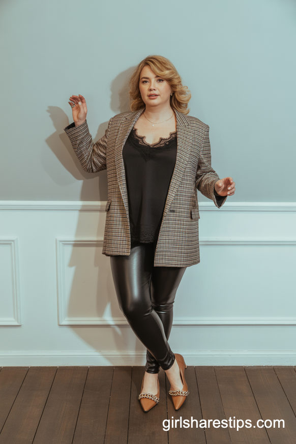 Plaid Blazer and Lace Camisole with Leggings