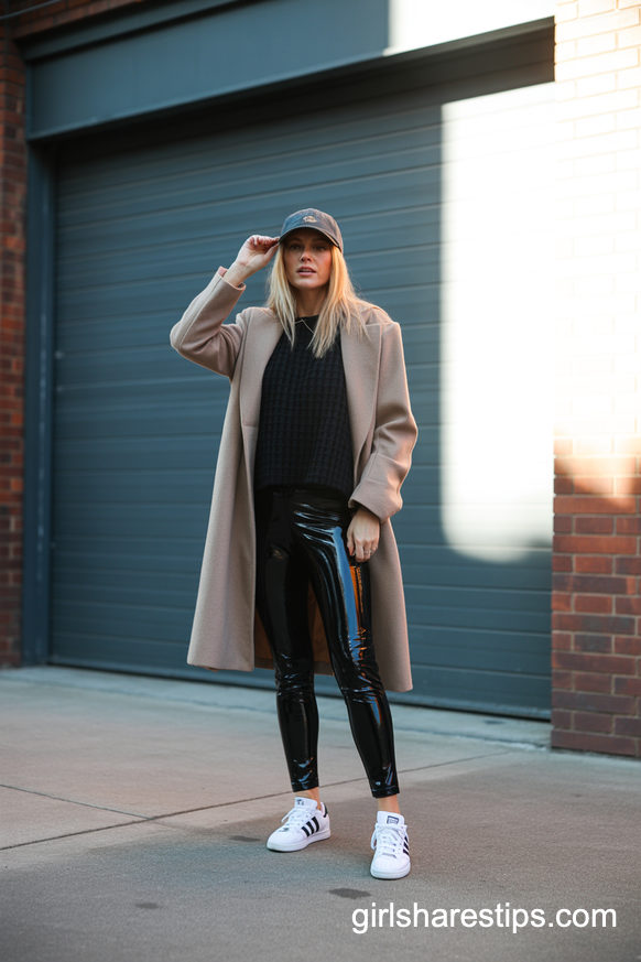 Long Beige Coat with Patent Leather Leggings and Sneakers