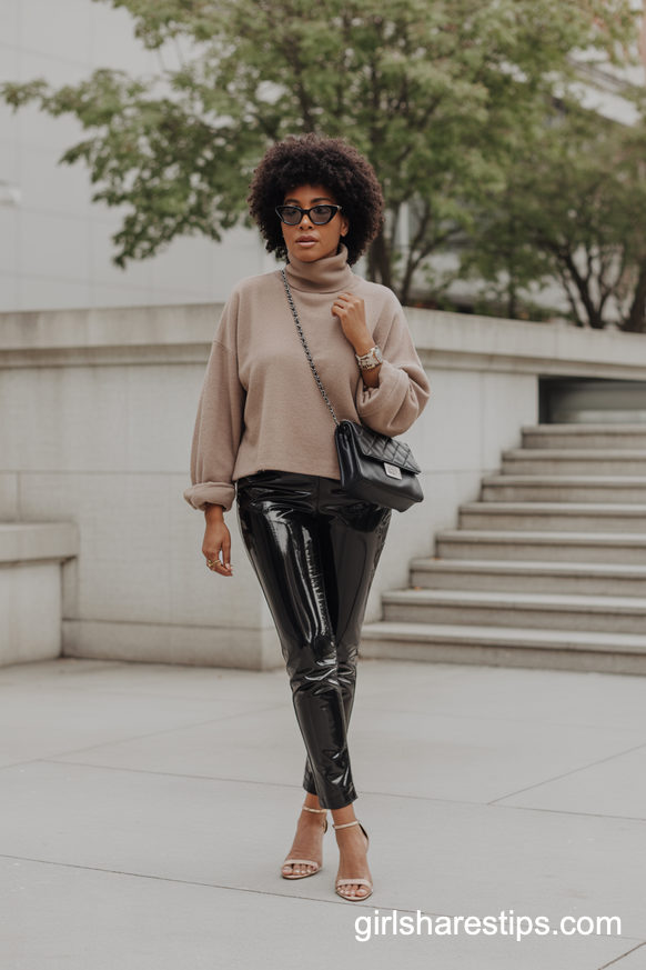 Oversized Turtleneck with Patent Leather Pants and Strappy Sandals