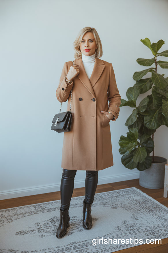 Camel Wool Coat with Leather Leggings and Ankle Boots