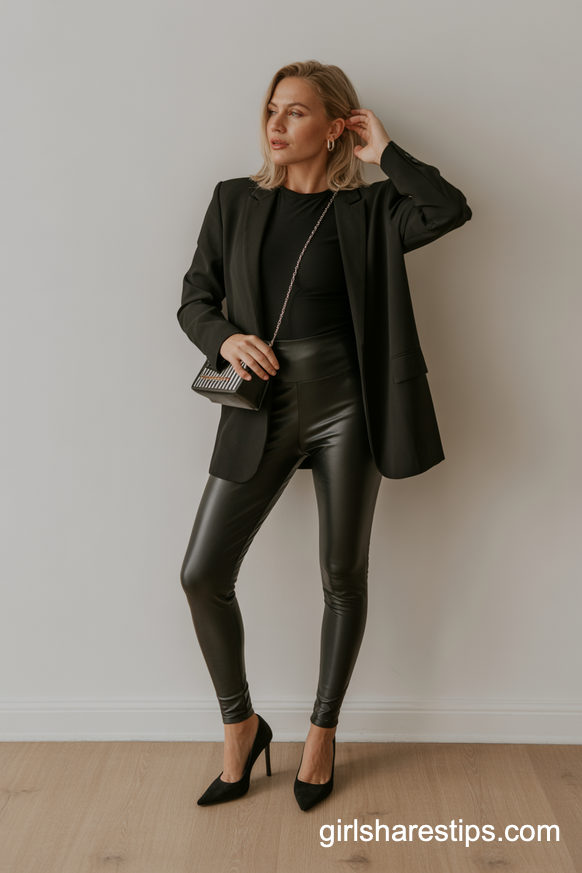 All-Black Blazer and Bodysuit with Leather Leggings