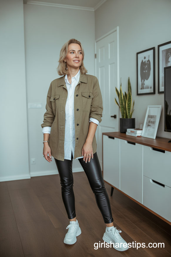 Khaki Utility Jacket with Leather Leggings and Chunky Sneakers