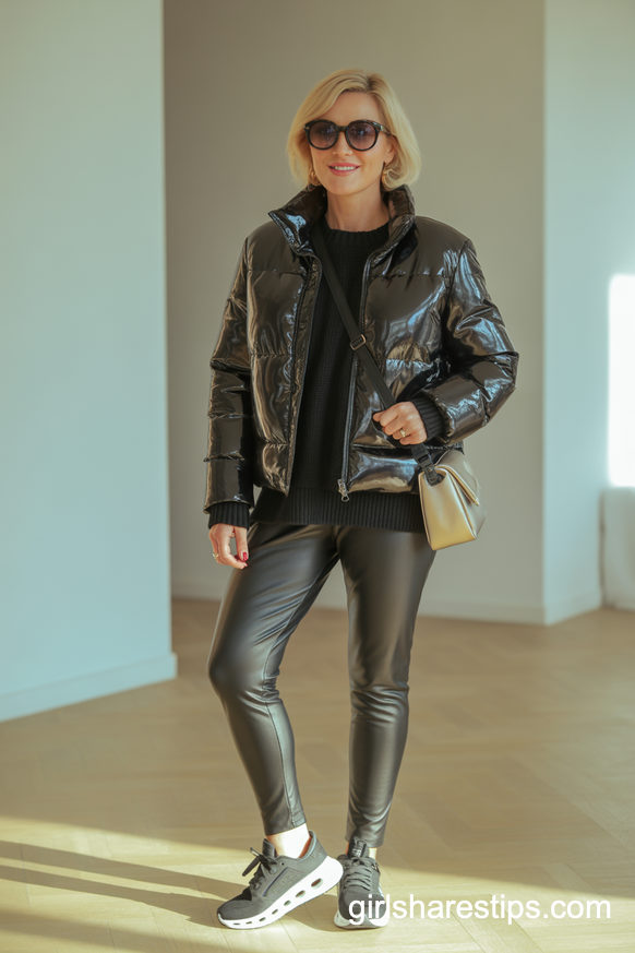 Patent Puffer Jacket with Faux Leather Leggings and Sneakers
